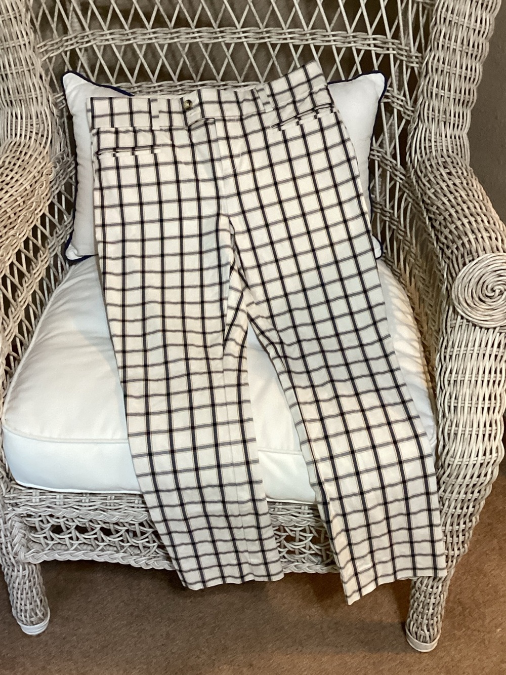 Anthropologie White Pants with Black Windowpane Check